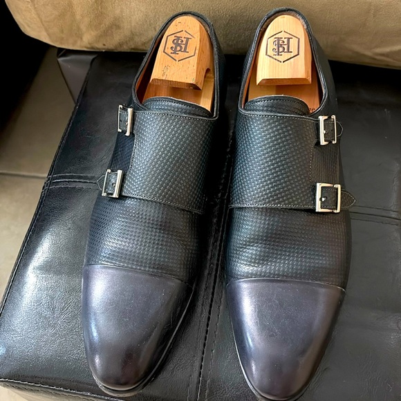 Santoni Double Monk Strap Mens Black Leather Buckles  Italy 11652 45 F  Sz 8.5 - Picture 1 of 11